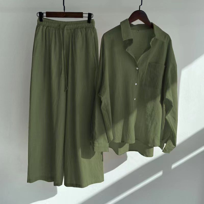 Hot selling women's retro plus size cotton linen shirt high waisted loose pants two-piece set