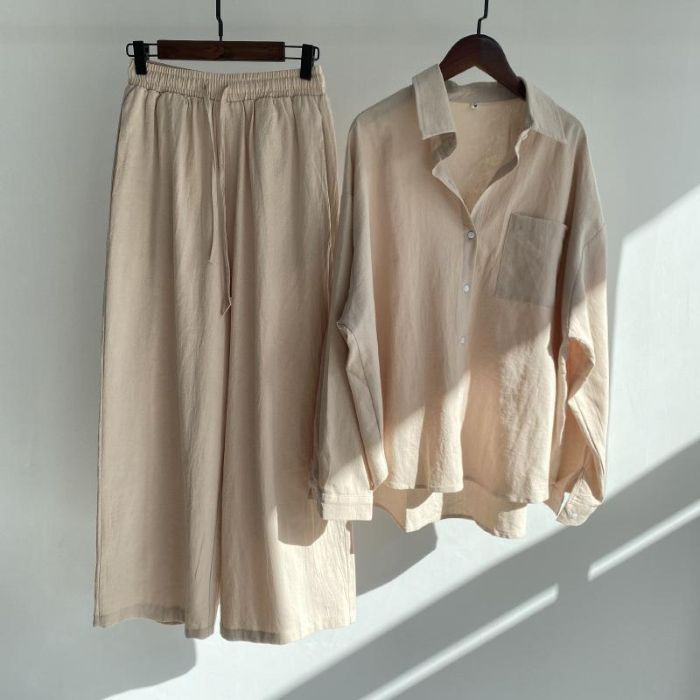 Hot selling women's retro plus size cotton linen shirt high waisted loose pants two-piece set