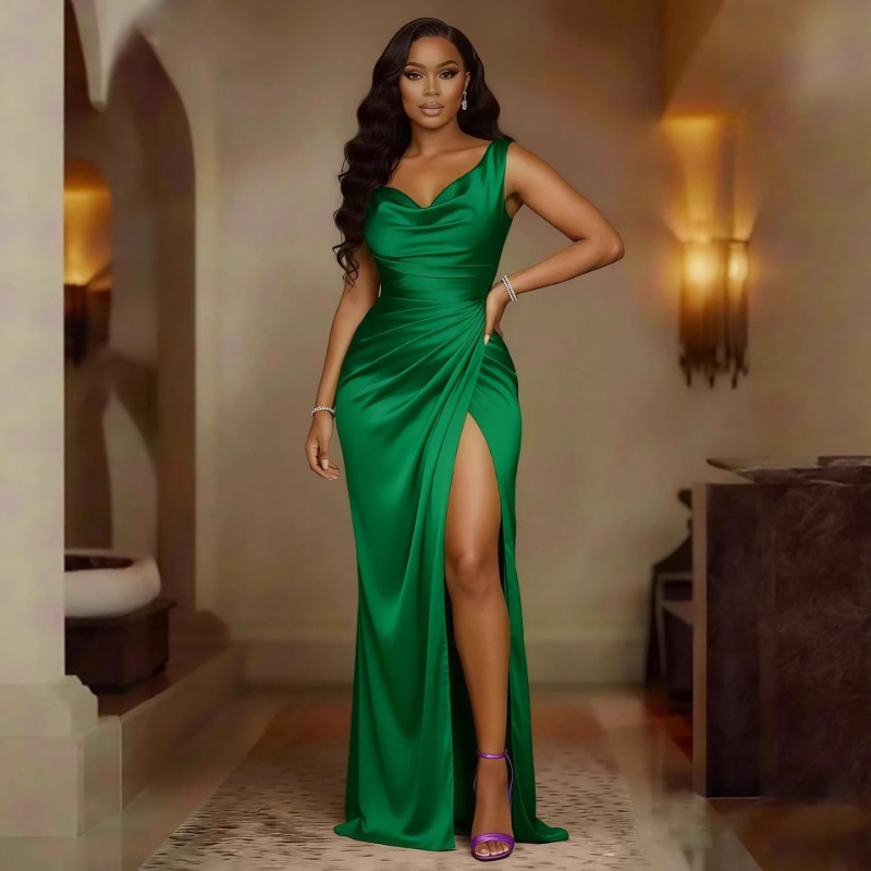 New banquet dress sleeveless hem slit solid color slim fit dress