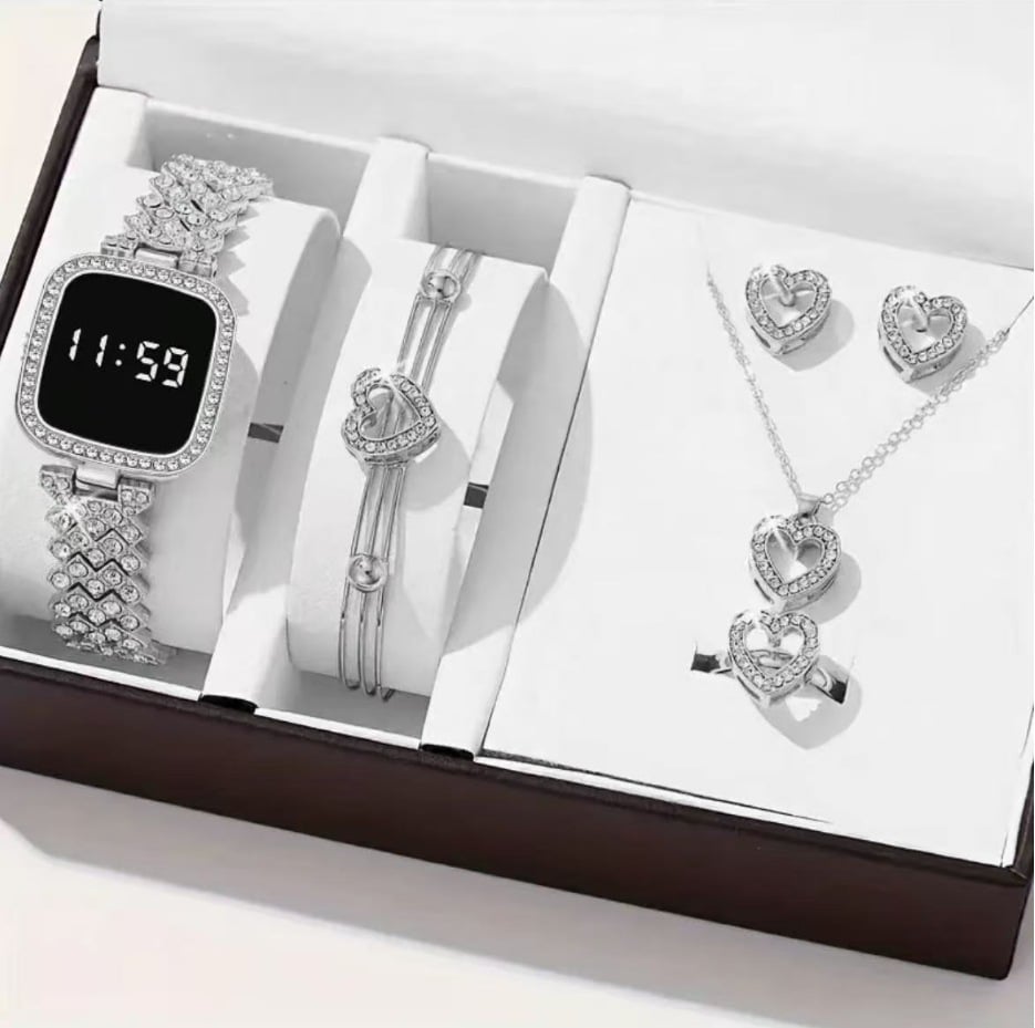 New European and American models Ladies' electronic square dial quartz watch Fashion bracelet ring earring necklace 6pcs/set