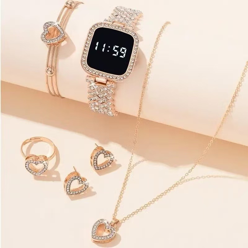 New European and American models Ladies' electronic square dial quartz watch Fashion bracelet ring earring necklace 6pcs/set