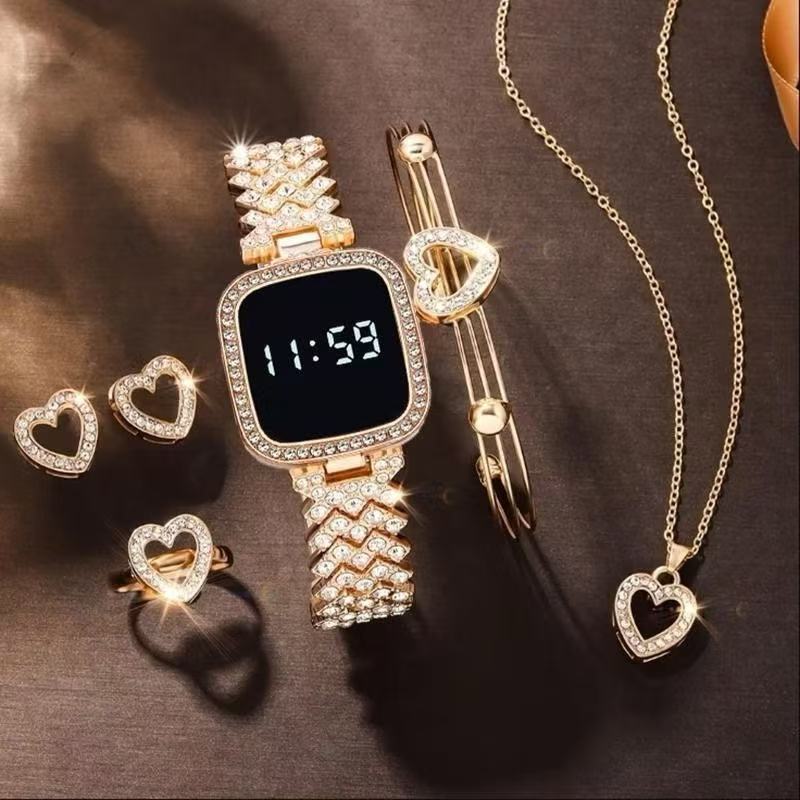 New European and American models Ladies' electronic square dial quartz watch Fashion bracelet ring earring necklace 6pcs/set