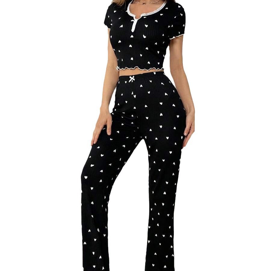 Women Sexy Heart Printed O-neck Short Sleeve Pants Sleepwear Set Female Lace Bow Solid Home Wear 2Pcs Set Nightgown