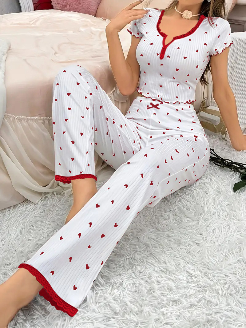 Women Sexy Heart Printed O-neck Short Sleeve Pants Sleepwear Set Female Lace Bow Solid Home Wear 2Pcs Set Nightgown