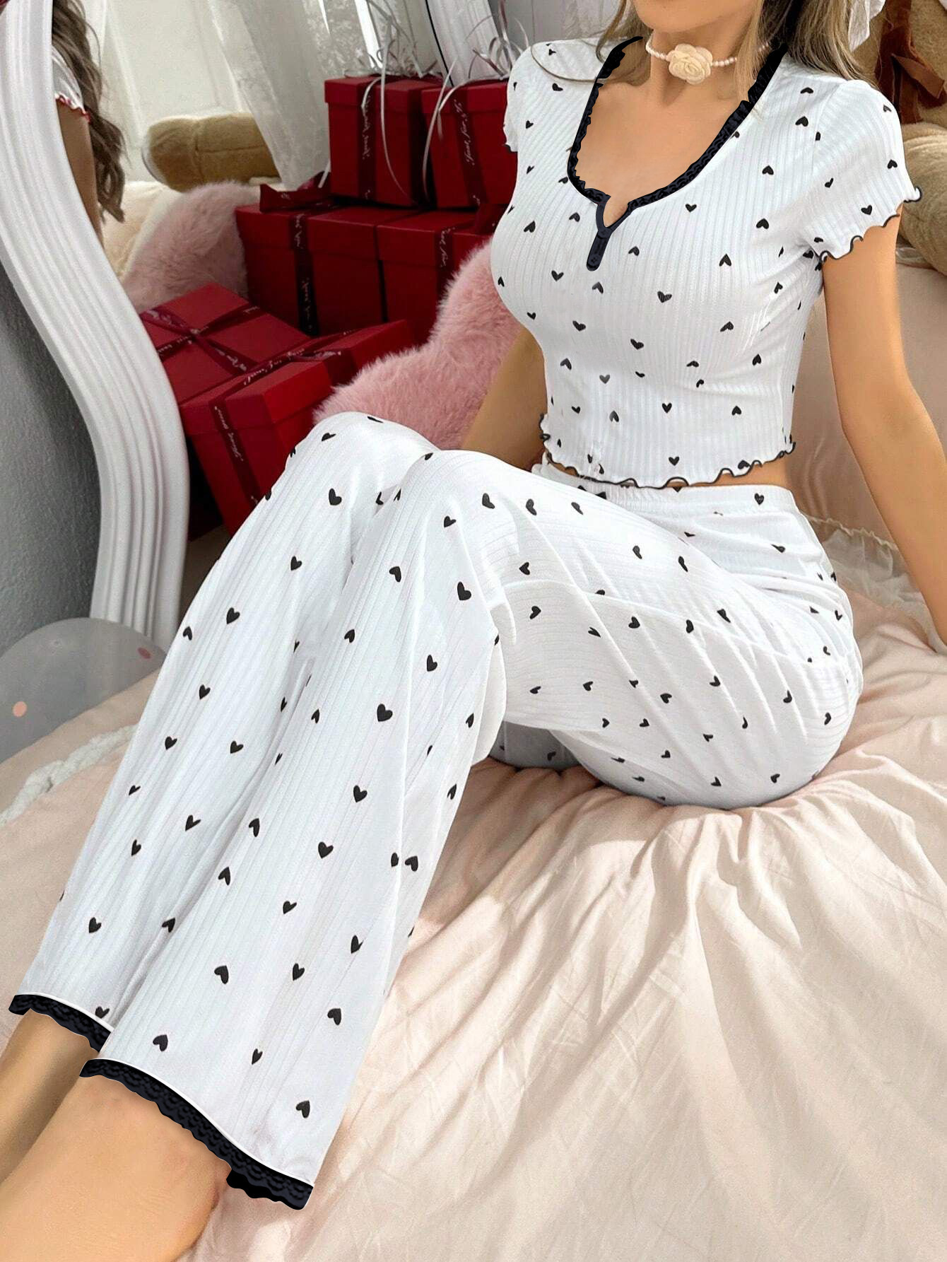Women Sexy Heart Printed O-neck Short Sleeve Pants Sleepwear Set Female Lace Bow Solid Home Wear 2Pcs Set Nightgown