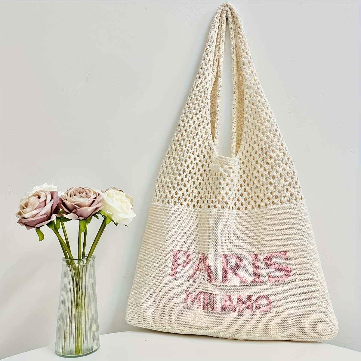 Fashion Knitted Letter Shoulder Bag Women Hollow Out Open Top Large Capacity Tote Bag Casual Shopping Commute Portable Handbag