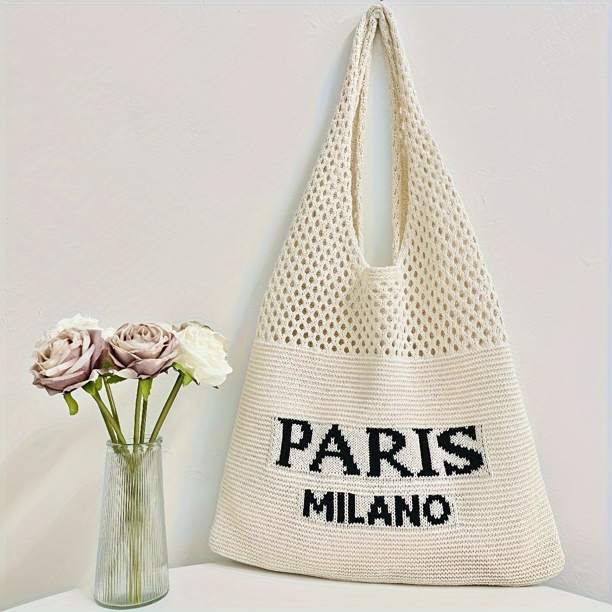 Fashion Knitted Letter Shoulder Bag Women Hollow Out Open Top Large Capacity Tote Bag Casual Shopping Commute Portable Handbag