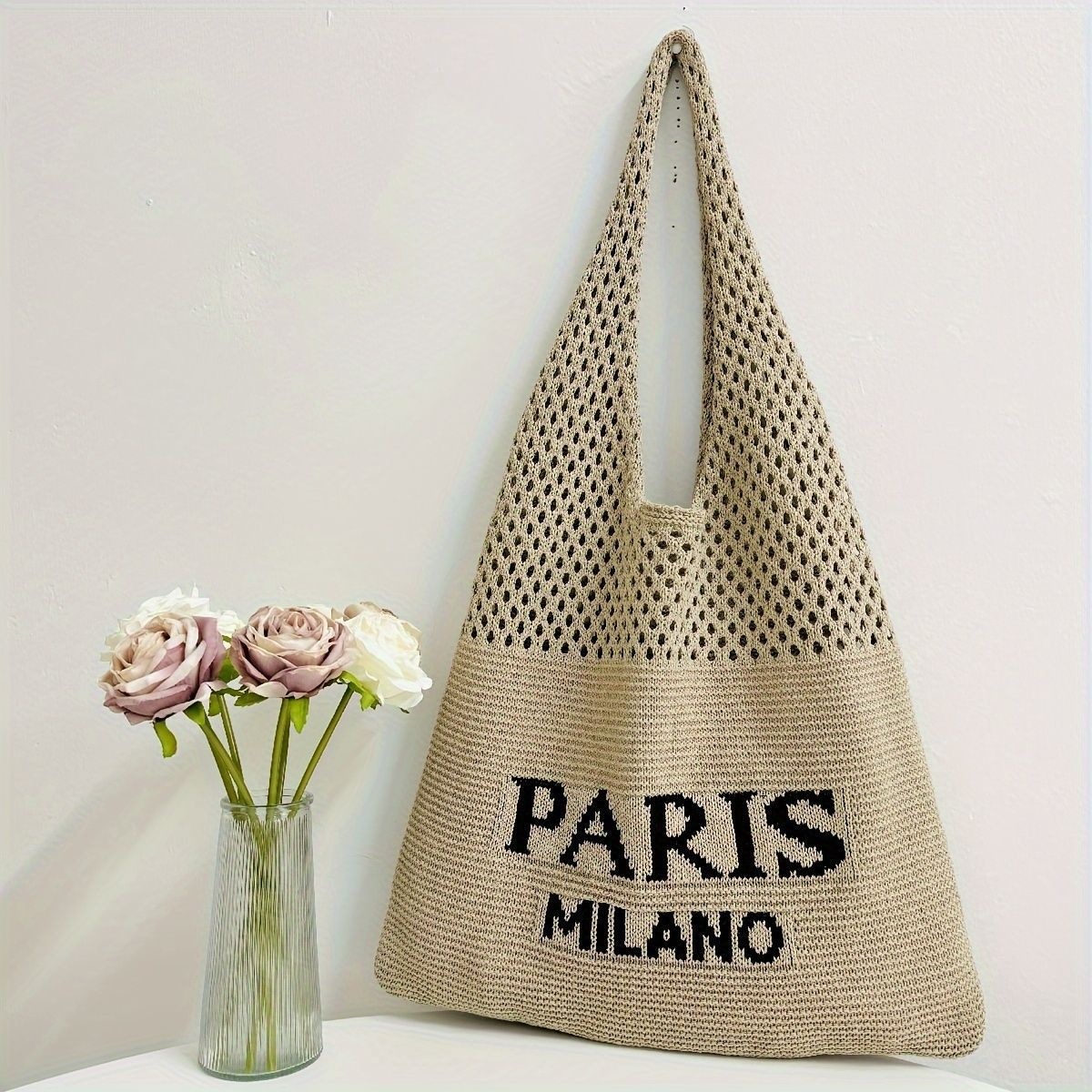 Fashion Knitted Letter Shoulder Bag Women Hollow Out Open Top Large Capacity Tote Bag Casual Shopping Commute Portable Handbag