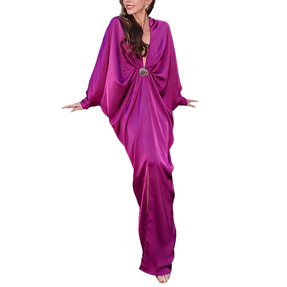 Free delivery of high-quality 2026 new summer women's clothing hot selling batball sleeves deep V-long sleeves loose sexy dress