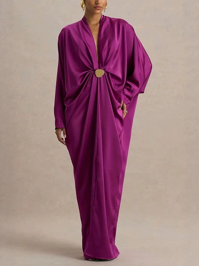 Free delivery of high-quality 2026 new summer women's clothing hot selling batball sleeves deep V-long sleeves loose sexy dress