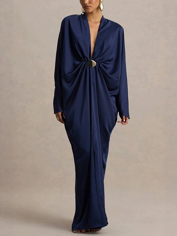 Free delivery of high-quality 2026 new summer women's clothing hot selling batball sleeves deep V-long sleeves loose sexy dress