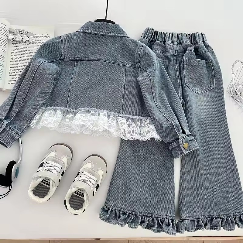 New Spring Autumn Toddler Girl Denim Outfit Lace Trim Bow Decor Jacket Flare Pants Kids Sweet Style Casual Set Clothes