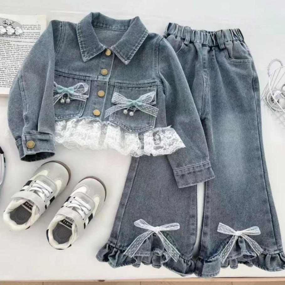 New Spring Autumn Toddler Girl Denim Outfit Lace Trim Bow Decor Jacket Flare Pants Kids Sweet Style Casual Set Clothes