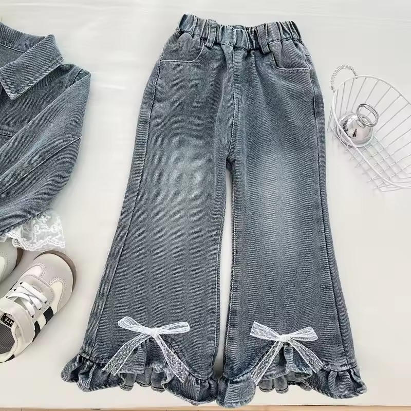 New Spring Autumn Toddler Girl Denim Outfit Lace Trim Bow Decor Jacket Flare Pants Kids Sweet Style Casual Set Clothes