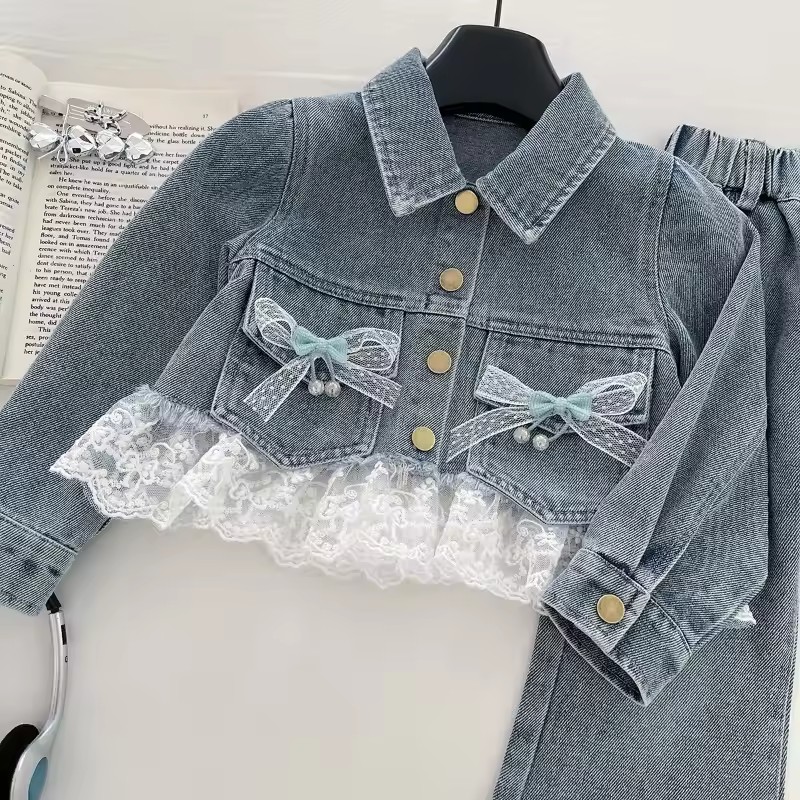 New Spring Autumn Toddler Girl Denim Outfit Lace Trim Bow Decor Jacket Flare Pants Kids Sweet Style Casual Set Clothes