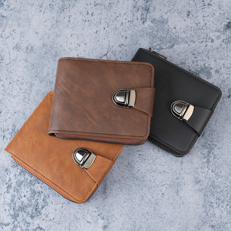 Fashionable new men's wallet short style retro lock zipper multi slot card bag casual large capacity versatile leather wallet