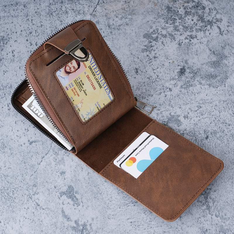 Fashionable new men's wallet short style retro lock zipper multi slot card bag casual large capacity versatile leather wallet