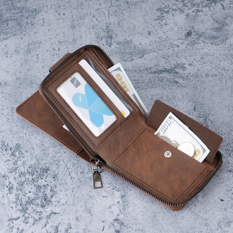 Fashionable new men's wallet short style retro lock zipper multi slot card bag casual large capacity versatile leather wallet