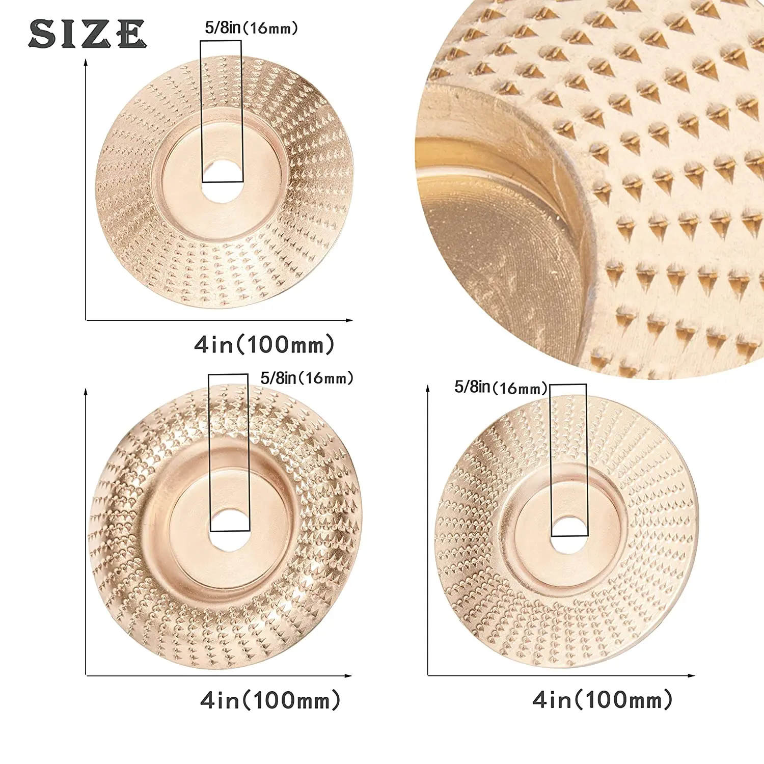 3PCS  Golden Wood Carving Disc Set For 4" Angle Grinder Wood Shaping Wheel Grinding Shaping Disc For Wood Cutting