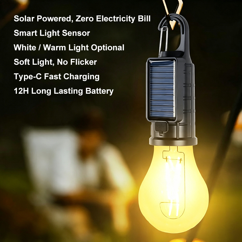 Solar Camping Light Portable Waterproof LED Lantern Rechargeable Type-C Fast Charging Bright Long Runtime Outdoor Emergency Lamp