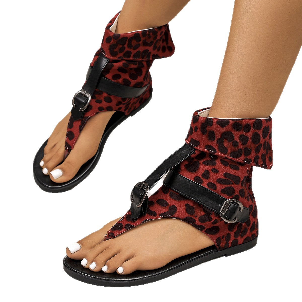Free delivery of high-quality 2026 new summer women's clothing hot selling leopard print flat belt buckle herringbone sandals