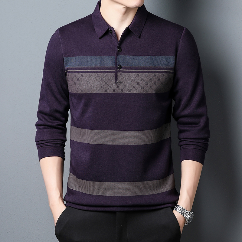 New business collar long sleeved T-shirt top men's striped polo shirt