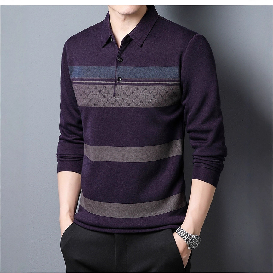 New business collar long sleeved T-shirt top men's striped polo shirt