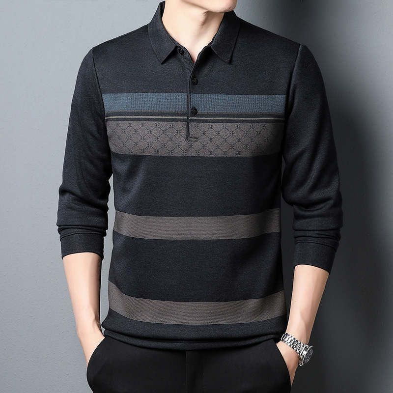 New business collar long sleeved T-shirt top men's striped polo shirt