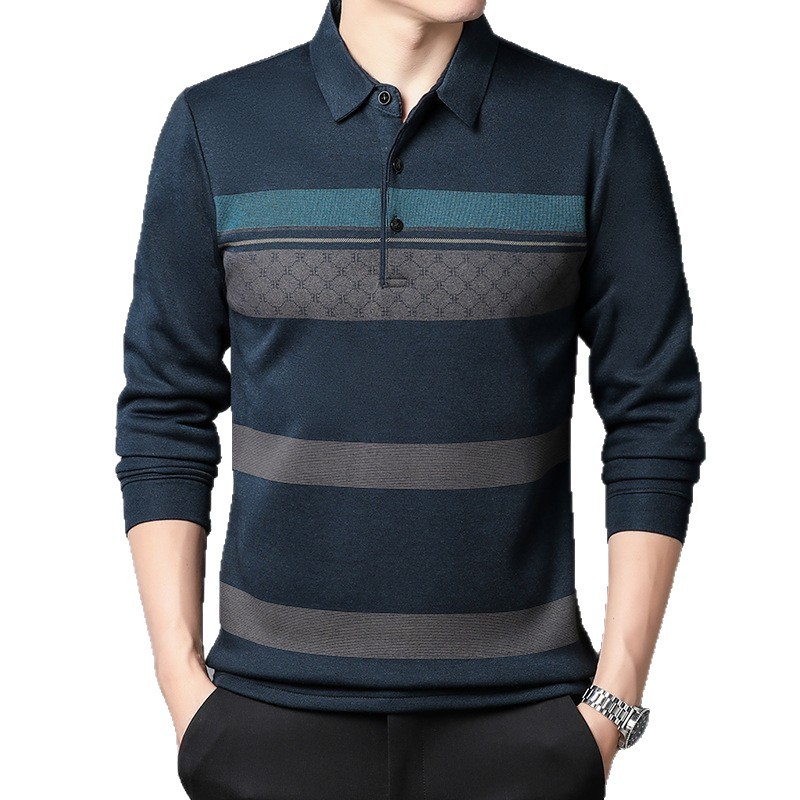 New business collar long sleeved T-shirt top men's striped polo shirt