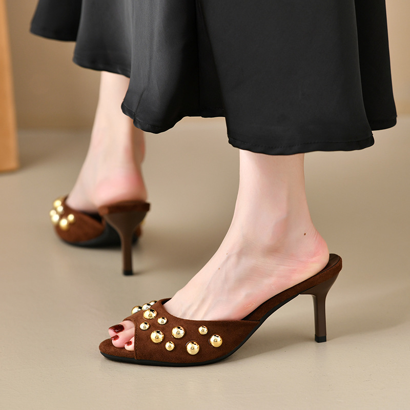 Free delivery of high-quality 2026 new summer women's clothing hot selling sexy rivet high heels suede fine heels sandals