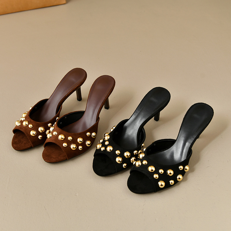 Free delivery of high-quality 2026 new summer women's clothing hot selling sexy rivet high heels suede fine heels sandals