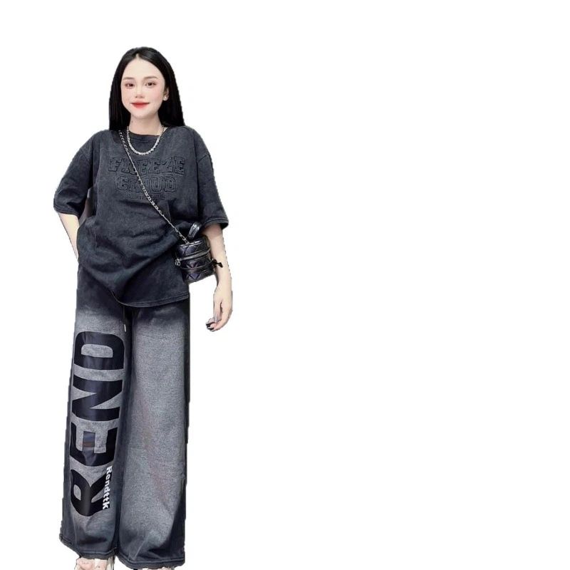 Two piece set of American retro printed short sleeved loose wide leg pants