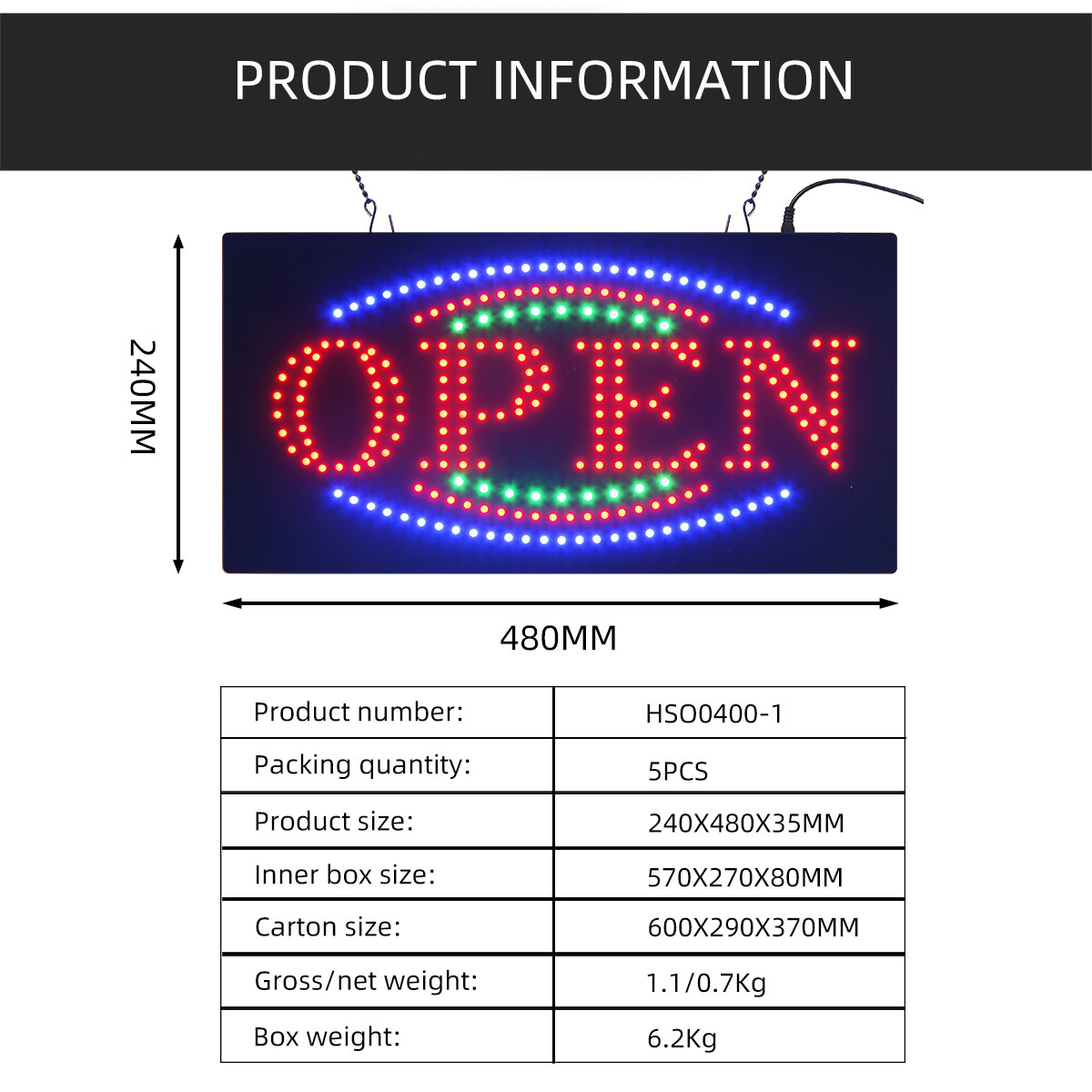 9*19 Inch Hanging on Led Open Dot Display Led Indoor High Bright Sign