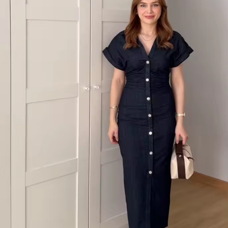 2026 Spring New 1975 series denim MIDI dress with lapel side zipper fashion wrinkle waist slim elegant dress