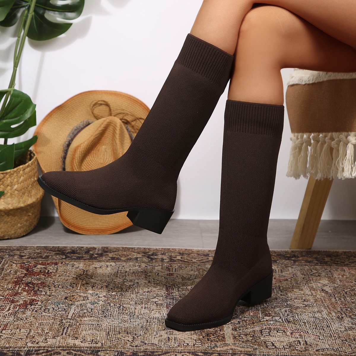 Women's New Fashion High Quality Soft Large Size Socks Flat Top Boots Slim Slip On Heel Stretchy Breathable Chunky Thick Pump