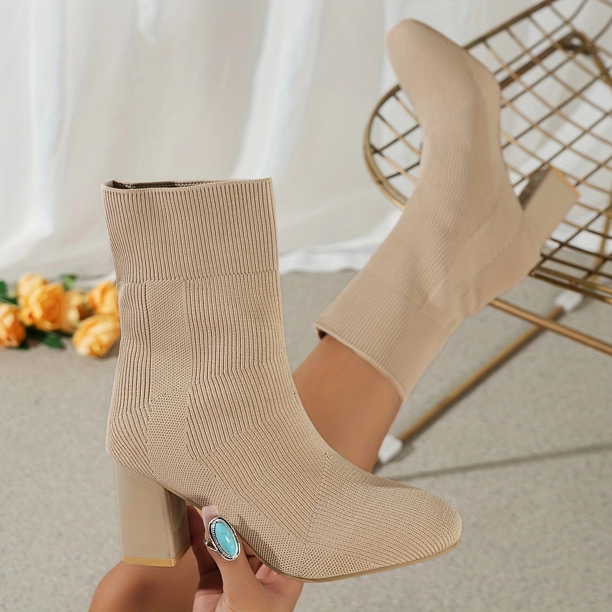 Women's New Fashion High Quality Soft Large Size Socks Ankle Top Boots Slim Slip On Heel Stretchy Breathable Chunky Thick Pump