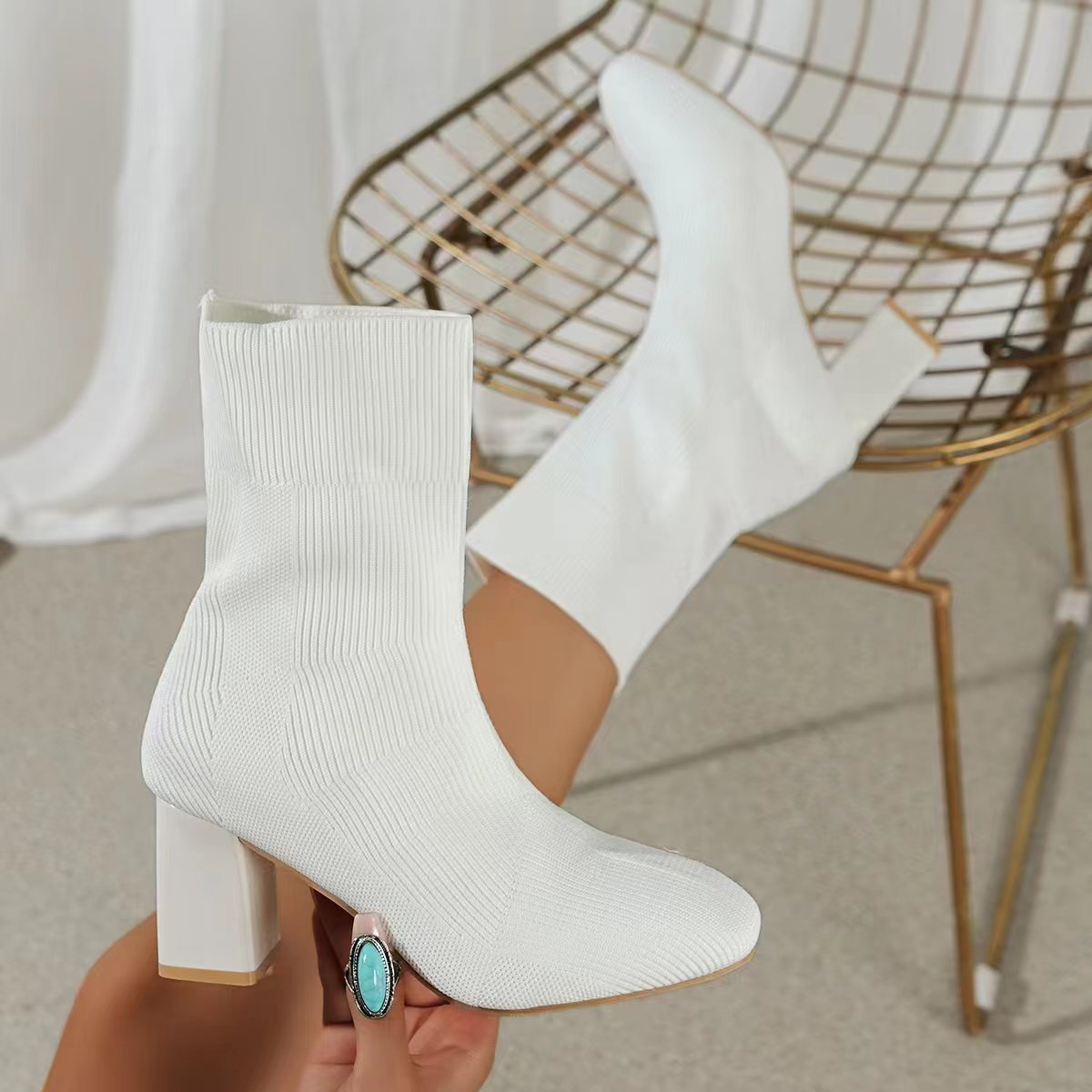 Women's New Fashion High Quality Soft Large Size Socks Ankle Top Boots Slim Slip On Heel Stretchy Breathable Chunky Thick Pump
