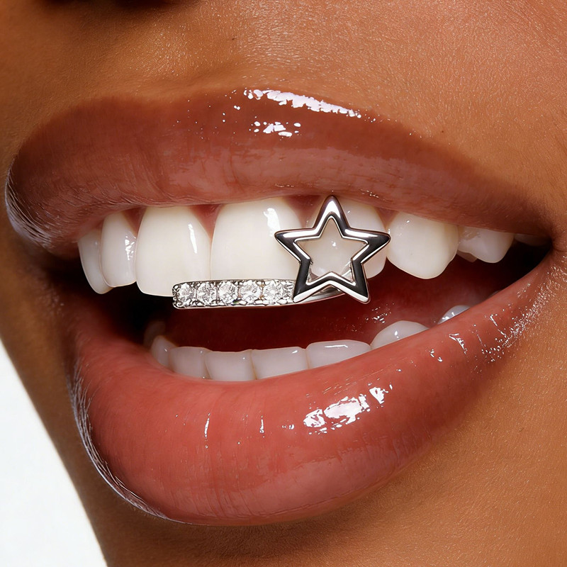 1Pc Fashionable Women's Tooth Jewelry Hollow Five-Pointed Star & Bar Zirconia Double Tooth Accessory Unique Dental Jewelry