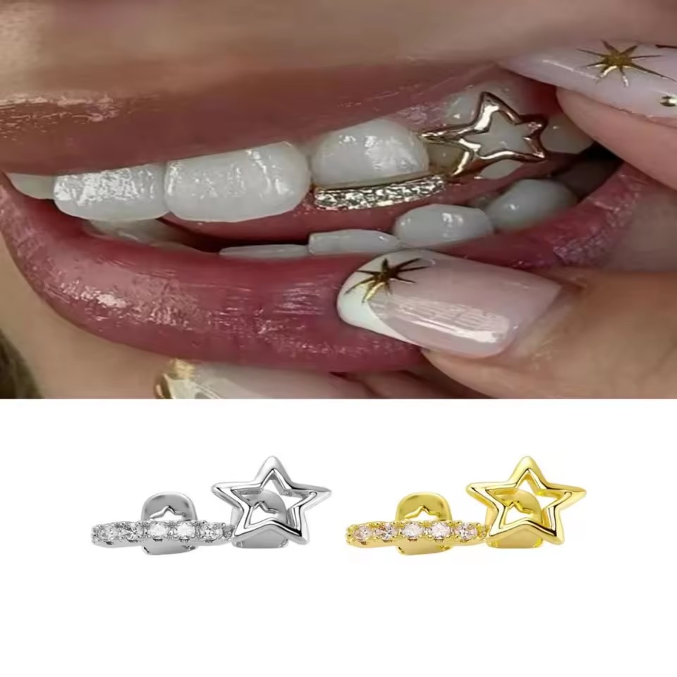 1Pc Fashionable Women's Tooth Jewelry Hollow Five-Pointed Star & Bar Zirconia Double Tooth Accessory Unique Dental Jewelry