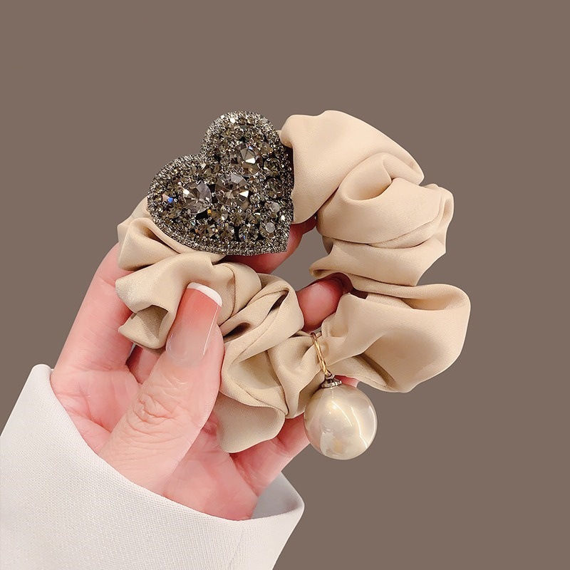 1PC Sparkly Heart Scrunchies, Black/Beige With Rhinestone & Pearl Decor, Elegant Retro-Style Hair Ties For Women
