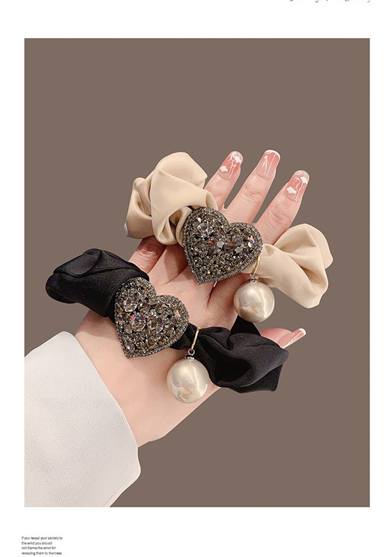 1PC Sparkly Heart Scrunchies, Black/Beige With Rhinestone & Pearl Decor, Elegant Retro-Style Hair Ties For Women