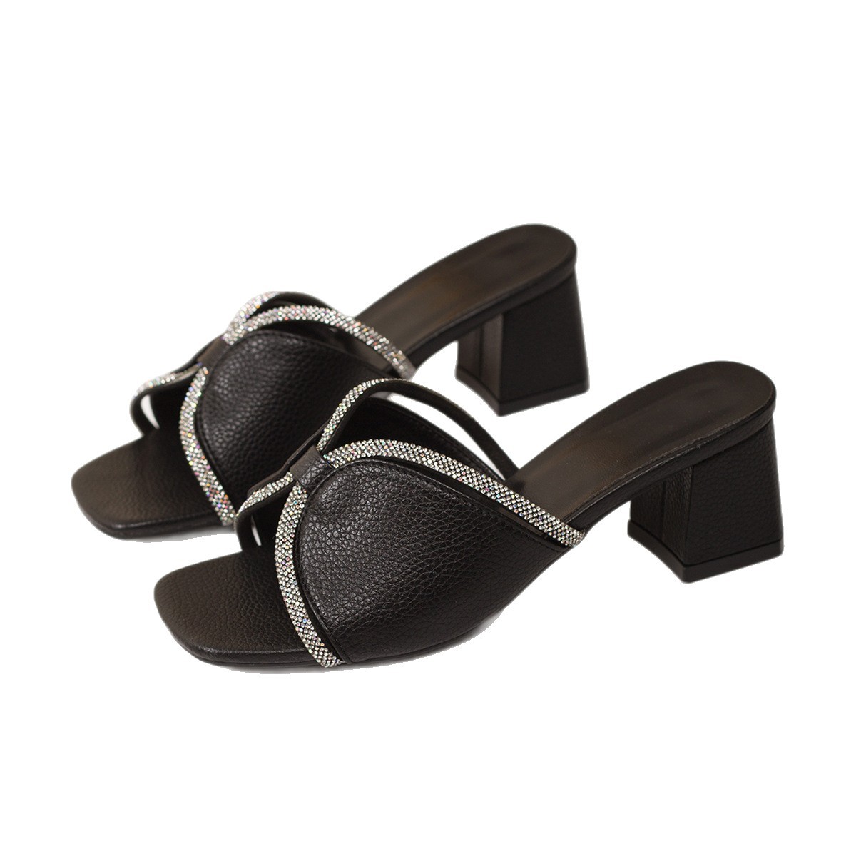 Free delivery of high-quality 2026 new summer women's clothing hot selling rhinestone square toe mid heel slippers