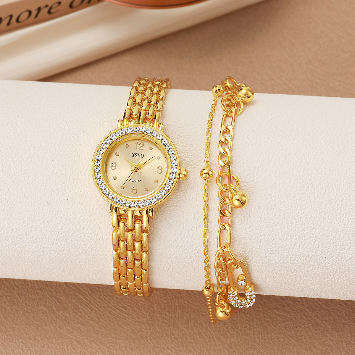 European and American Women's Simple Circular Diamond Studded Dial Steel Strap Watch Double Layered Bracelet 2pcs/set