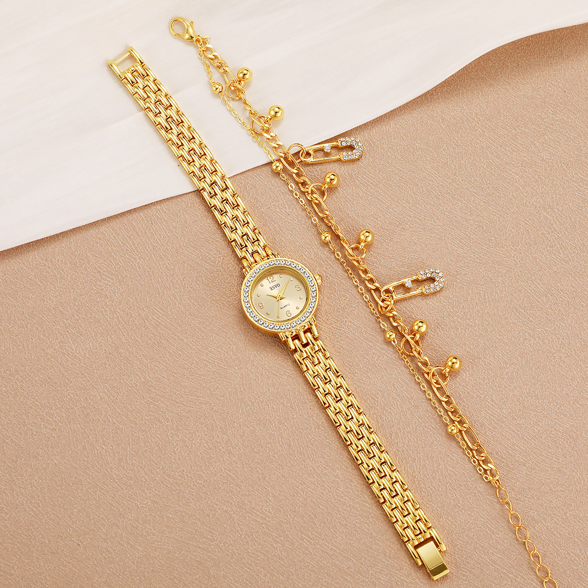 European and American Women's Simple Circular Diamond Studded Dial Steel Strap Watch Double Layered Bracelet 2pcs/set