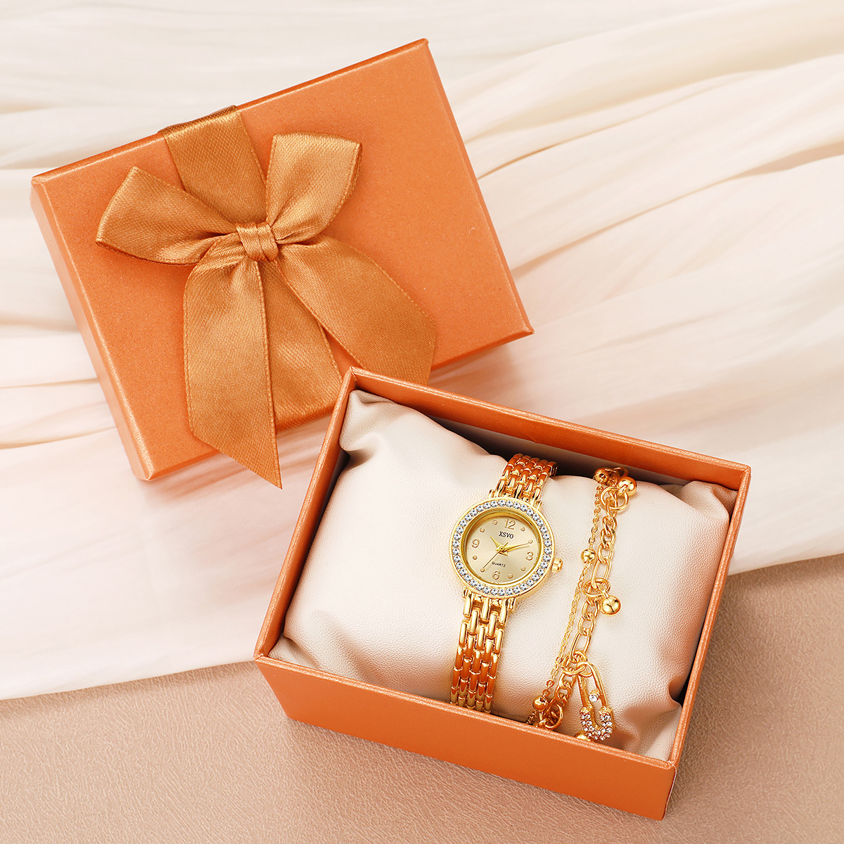 European and American Women's Simple Circular Diamond Studded Dial Steel Strap Watch Double Layered Bracelet 2pcs/set