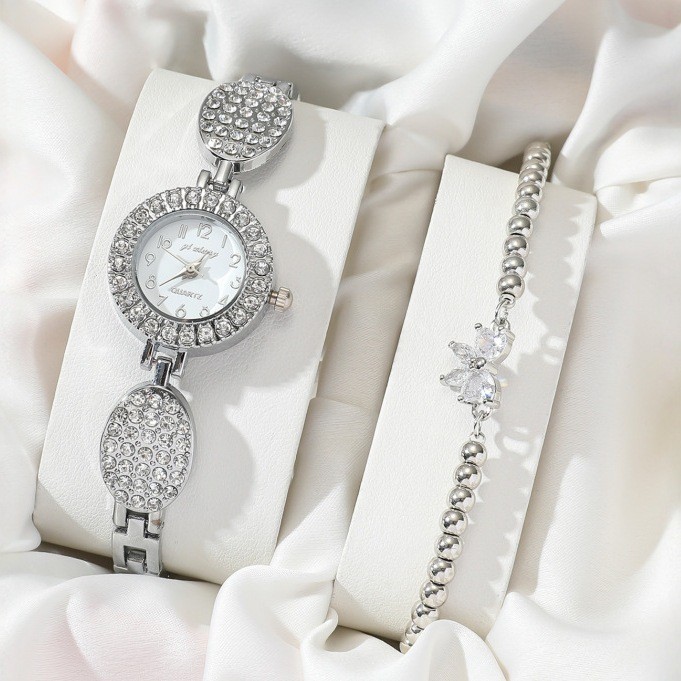 European and American Women's Simple Circular Diamond Studded Dial Steel Strap Watch Double Layered Bracelet 2pcs/set
