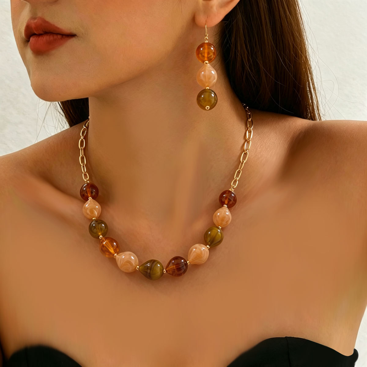 Vintage Gradient Amber Resin Bead Chain Necklace Long Water Drop Earrings Jewelry Set For Women Garden & Daily Wear All Season