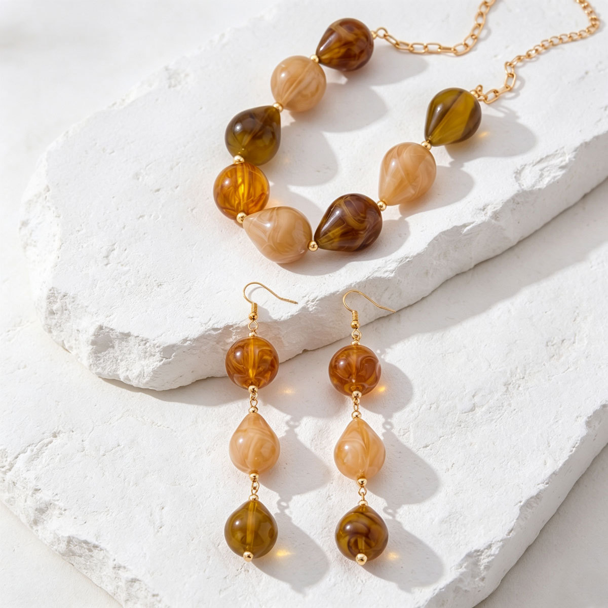 Vintage Gradient Amber Resin Bead Chain Necklace Long Water Drop Earrings Jewelry Set For Women Garden & Daily Wear All Season