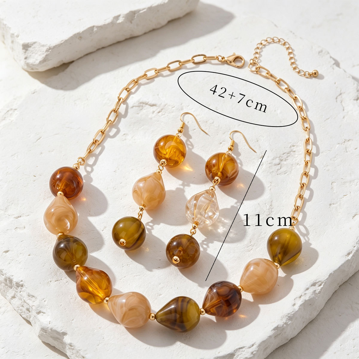 Vintage Gradient Amber Resin Bead Chain Necklace Long Water Drop Earrings Jewelry Set For Women Garden & Daily Wear All Season