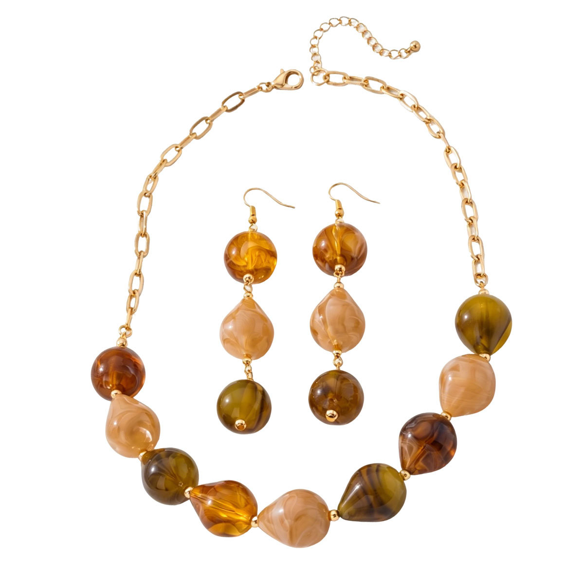 Vintage Gradient Amber Resin Bead Chain Necklace Long Water Drop Earrings Jewelry Set For Women Garden & Daily Wear All Season